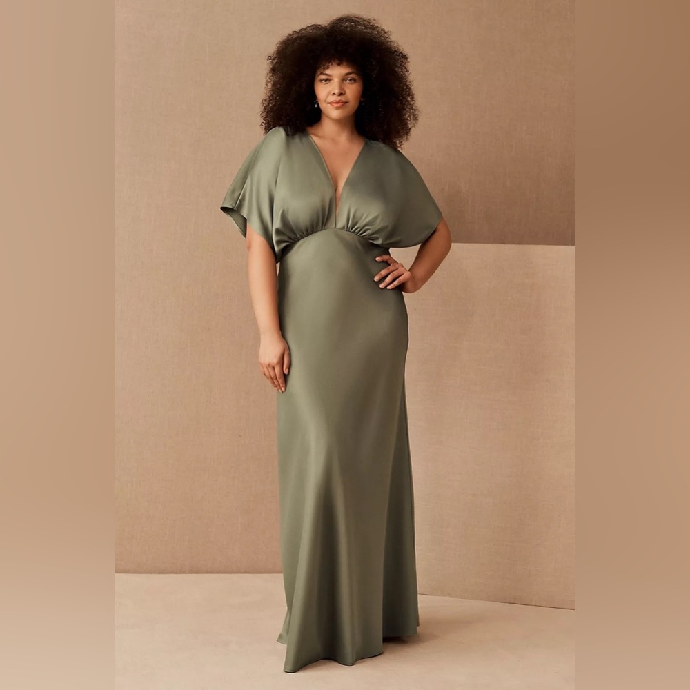 BHLDN Leila Deep-V Flutter-Sleeve Satin A-Line Gown Size 12